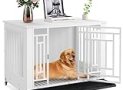 YITAHOME Dog Crate Furniture, 38.2″ Heavy Duty Dog Cage, Wooden Side End Table with Wheels, Chew-Resistant Metal Dog Kennel with Removable Tray, Dog House Indoor for Small Medium Dogs, White