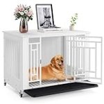 YITAHOME Dog Crate Furniture, 38.2″ Heavy Duty Dog Cage, Wooden Side End Table with Wheels, Chew-Resistant Metal Dog Kennel with Removable Tray, Dog House Indoor for Small Medium Dogs, White