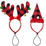 FLYSTAR Christmas Dog Headband Set – Black&Red Plaid Dog Costume -Christmas Hat & elk Shape Headbands Holiday Accessories – Suit for Girl & Boy Medium, Large Dogs