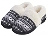 Women’s Comfy House Slippers with Faux Fur Lining, Memory Foam Slip on House Shoes Nordic with Indoor Outdoor Anti-Skid Rubber Sole, Black, 9-10