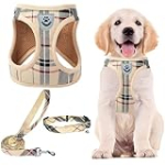 PUPTECK Adjustable Dog Harness Collar and Leash Set Step in No Pull Pet Harness for Small Medium Dogs Puppy and Cats Outdoor Walking Running, Soft Mesh Padded Reflective Vest Harnesses, Beige S