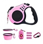 PETIMP Retractable Dog Leash Lightweight Portative 16FT Leash, with Folding Bowl,Dispenser,Rubbish Bags, for Small Medium Dogs(Pink)