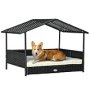 PawHut Wicker Dog House Outdoor with Canopy, Rattan Dog Bed with Water-resistant Cushion, Raised Dog Bed for Small, Medium Dogs up to 66 lbs, 19.75″ in Length, Black Wicker, White Cushion