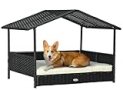 PawHut Wicker Dog House Outdoor with Canopy, Rattan Dog Bed with Water-resistant Cushion, Raised Dog Bed for Small, Medium Dogs up to 66 lbs, 19.75″ in Length, Black Wicker, White Cushion