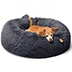 MIEMIE Round Fluffy Plush Calming Dog Bed Cat Bed Soft Shag Fur Pet Bed Self-Warming Anti Anxiety Donut Cuddler, Dark Grey, Small