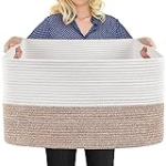 MEGASKET Extra Large Cotton Rope Basket, 23.6″ x 15.7″ x 14.1″ Rectangle Blanket Basket Living Room, Wicker Woven Throw Blanket Pillow Storage Basket, Soft Kids Dog Toy Basket Storage Bins Organizer
