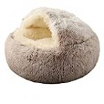 Rainlin Pet Bed- Round Soft Plush Burrowing Cave Hooded Cat Bed Donut for Dogs & Cats, Faux Fur Cuddler Round Comfortable Self Warming Indoor Sleeping Bed Coffee Large (27.6″ D x 7.1″ H)