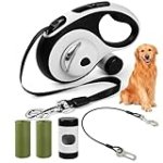 ODRIEW Heavy Duty Retractable Dog Leash for Large Dogs, 26ft with Chew Proof Cable, LED Light, Dispenser, 2 Poop Bags. 360° No Tangle, One Button Brake & Lock, for Dogs Up to 110Lbs. (White, 26ft)