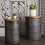 Glitzhome Rustic Storage Ottoman Seat Stool, Farmhouse End Table, Galvanized Metal Accent Side Table Toy Box Bin with Round Wood Lid for Living Room Furniture, Nesting Pieces Two, Grey