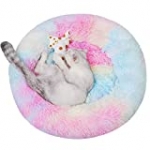 PEOPLE&PETS Soft Long Plush Pet Bed, Calming Self-Warming Round Donut Cuddler, Fluffy Dog Cat Cushion Bed with Anti-Slip & Waterproof Bottom (24″, Rainbow)