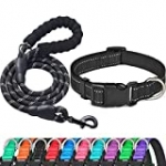 Ladoogo Reflective Dog Collar Padded with Soft Neoprene Breathable Adjustable Nylon Dog Collars for Small Medium Large Dogs (Collar+Leash M Neck 16″-19″, Black)