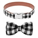 SCENEREAL PU Dog Collar with Detachable Bow Tie – Adjustable Black and White Plaid Doggy Collar, PU Leather Pet Collar for Small Medium Dogs