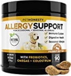 PetHonesty Allergy Support Supplement for Dogs – Omega 3 Salmon Fish Oil, Colostrum, Digestive Prebiotics & Probiotics – for Seasonal Allergies + Anti Itch, Skin Hot Spots Soft Chews (Peanut Butter)