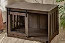 The Lakeside Collection Barn Door Pet Crate – End Table with Sliding Door for Pets – Rustic Brown