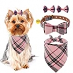 PUPTECK Bow Tie Dog Collar with Bell – Classic Plaid Bandana, Triangle Bibs Scarf Accessories, 2 Pack Pet Hair Bows, for Puppy Cats, Pink