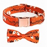 Thankspaw Halloween Adjustable Dog Collar with Bow Tie Purple Orange Ghost Pumpkin Bow Tie Dog Collar for Small Medium Large Dogs(Orange Medium)