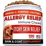 Allergy Relief Dog Treats w/ Omega 3 + Pumpkin + Enzymes + Turmeric – Itchy Skin Relief – Immune & Digestive Supplement – Skin & Coat Health – Anti-Itch & Hot Spots -Made in USA – Chicken Flavor Chews