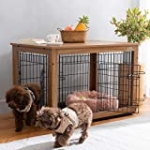 SIMPLY+ Wooden Dog Crate with Slide Tray, Wooden Wire Dog Kennels with Double Doors, Detachable Top Cover Indoor Pet Crate Side Table, Chew-Proof (37″ L24.2 W26 H, Brown)