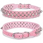 Studded Dog Collar, Spiked Rivets Anti-Bite PU Leather Puppy Collars, Adjustable Pet Neck Protection Thick Choker for Small Medium Extral Large Dogs, Multi Colors, Pink Alligator L