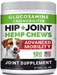 Hemp Treats – Glucosamine Dog Joint Supplement + Omega 3 – w/Hemp Oil – Chondroitin, MSM – Advanced Mobility Chews – Joint Pain Relief – Hip & Joint Care – Chicken Flavor – 120 Ct – Made in USA