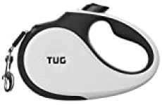 TUG Patented 360° Tangle-Free, Heavy Duty Retractable Dog Leash for Up to 110 lb Dogs; 16 ft Strong Nylon Tape/Ribbon; One-Handed Brake, Pause, Lock (Large, White)