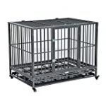 PawHut Heavy Duty Steel Dog Crate & Kennel Removable Tray Pet Cage Playpen w/Wheels for Training Indoor Outdoor Grey Vein 42.5″ L x 30″ W x 34.5″ H