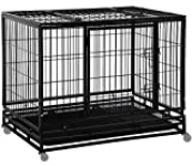 Dog Crate Cage for Large Dogs Heavy Duty 48 Inches Dog Kennel Pet Playpen for Training Indoor Outdoor with Plastic Tray Double Doors & Locks Design