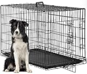 FDW Dog Crate Dog Cage Pet Crate for Large Dogs Folding Metal Pet Cage Double Door W/Divider Panel Indoor Outdoor Dog Kennel Leak-Proof Plastic Tray Wire Animal Cage (Black, 48 Inch)