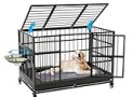 Snuowu 48 Inch Heavy Duty Dog Crate with Wheels and Unique Air Lift Rod, Folding Metal Big Dog Cage for Large Dogs, Extra Large XL XXL Indestructible Dog Crate with Removable Tray.