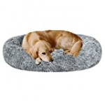 Coohom Oval Calming Donut Cuddler Dog Bed,Shag Faux Fur Cat Bed Washable Round Pillow Pet Bed(30″/36″) for Small Medium Dogs (XL(36″x27″x7″), Grey)