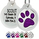 GoTags Paw Print Round Stainless Steel Pet Tag for Dogs and Cats, Personalized with 4 Lines of Custom Engraved ID, in Solid Stainless Steel and 5 Enameled Colors: Blue, Green, Pink, Purple and Red