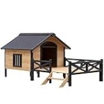 Wooden Large Dog House 43.3″ L x 69.9″ W x 32.7″ H Extreme Outback Log Cabin Weatherproof Outdoor Pet Kennel, Cabin Style Elevated Pet Shelter w/Porch Deck