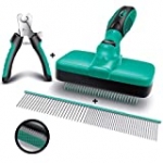 Ruff ‘N Ruffus Self-Cleaning Slicker Brush + FREE Pet Nail Clippers + FREE 7.5″ Steel Comb | UPGRADED PAIN-FREE BRISTLES | Cat Dog Brush Grooming Gently Reduces Shedding & Tangling For All Hair Types