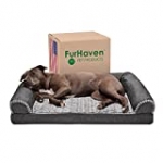 Furhaven Orthopedic Pet Bed for Dogs and Cats – Sofa-Style Faux Fur and Durable Performance Linen Couch Dog Bed with Removable Washable Cover, Charcoal, Large