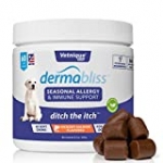 VETNIQUE LABS Dermabliss Seasonal Allergy & Immune Support for Dogs with Omega 3-6-9, Probiotics, Enzymes, Fish Oil and Colostrum Powder – Hickory Salmon Flavored Dog Treats (60 Count)